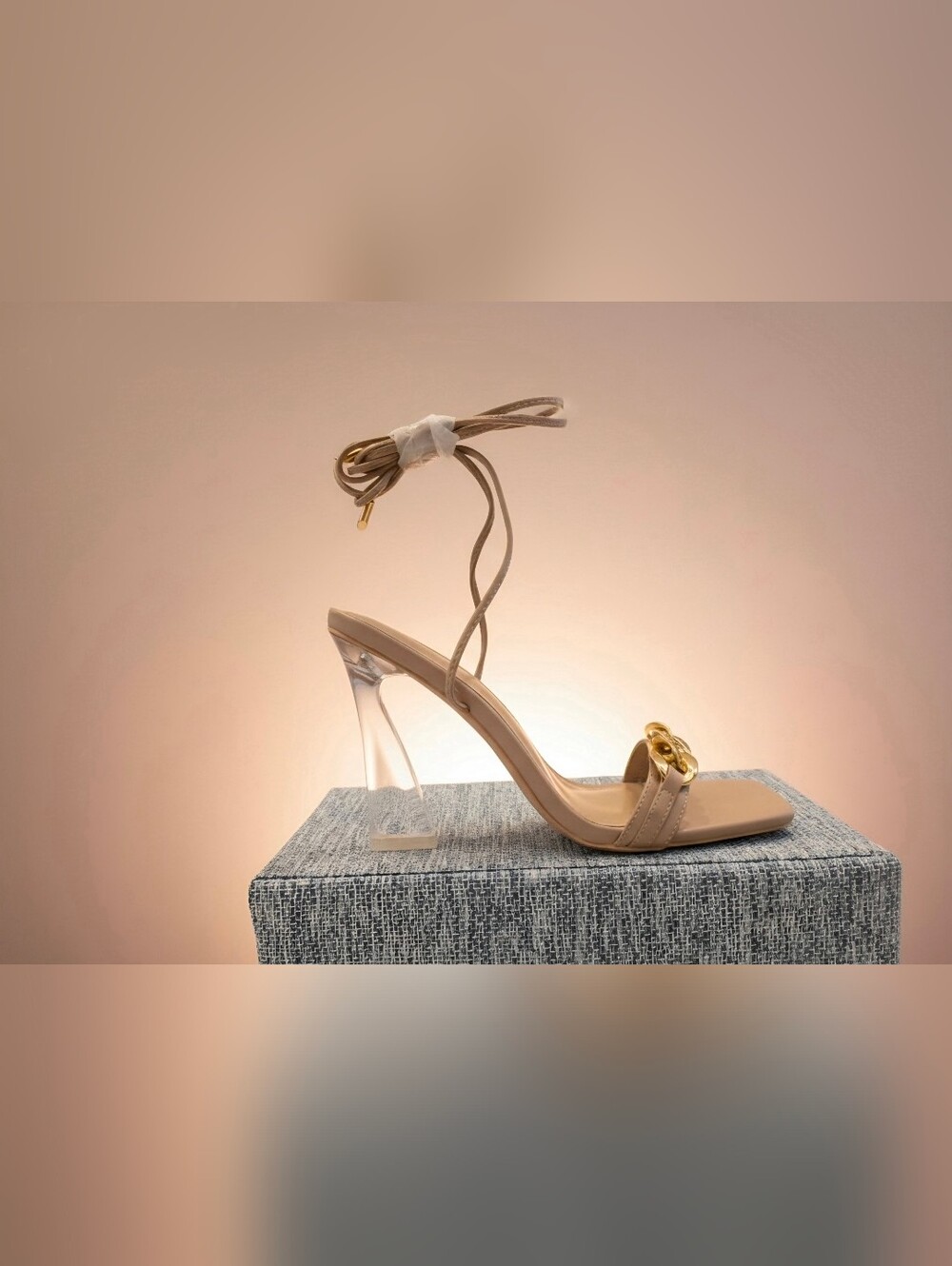 Cathy Din Nude Lace-Up Clear Block Heel Sandal with Gold Accent